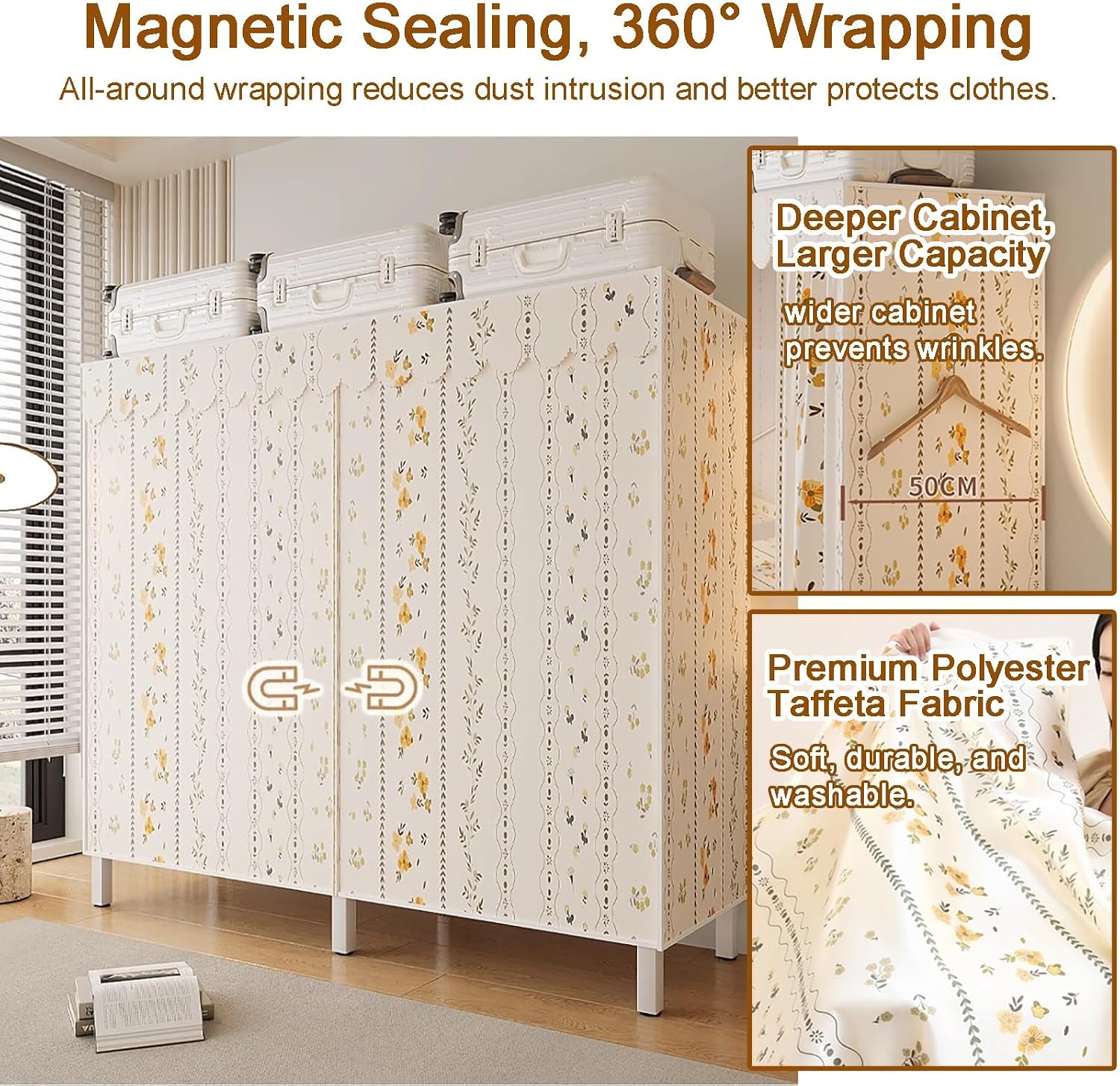 Portable Closet Wardrobe, Folding Garment Rack, Sturdy Large Wardrobe,Storage Organizer with Shelves and Cover(130cm/51.2in)