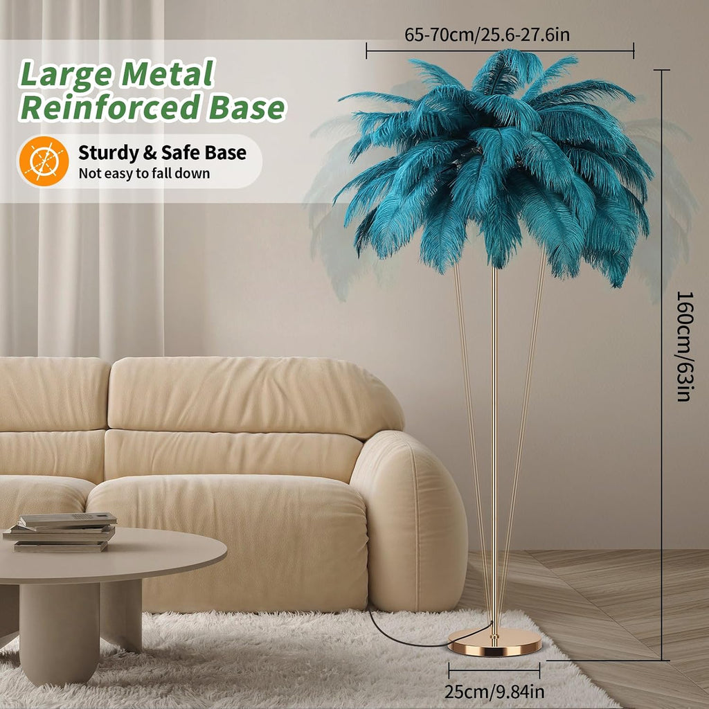 Feather Floor Lamp for Living Room, Fluffy Ostrich Feathers Lamp, Rose Gold Color Body, 3 Color Temperatures Modern Funky Arc Tall Standing Lamp for Bedroom Inclued Bright LED Bulbs (Blue)