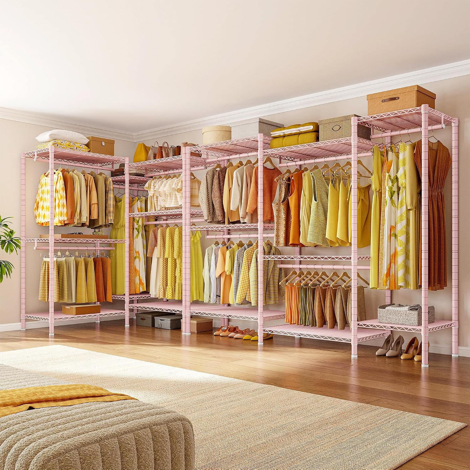 Raybee Clothes Rack,Clothing Racks for Hanging Clothes Heavy Duty,Adjustable Garment Rack with Shelves,Rolling Clothes Rack Max Load 905LBS,75' W x 77' H x 17.8' D Pink