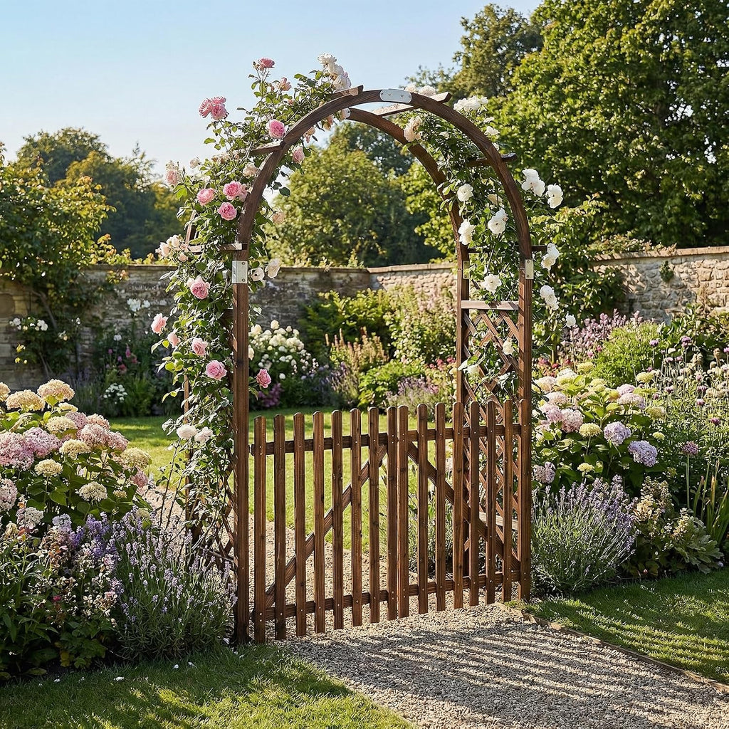 VINGLI Wooden Garden Arbor, Heavy Duty Outdoor Frame Trellis with Gate for Ceremony, Wood Trellis Garden Arch Pergola for Plant Climbing, Patio, Lawn, Wedding
