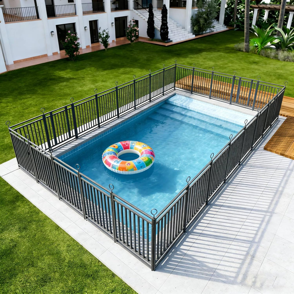 Metal Swimming Pool Fence 54ft (L) × 32in (H) with 21 Panels & 3 Gates, in Ground Pool Safety Fence, Protective Barrier with Reinforced Stakes, Compatible with Patios & Gardens, Black-Silver