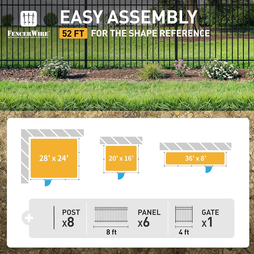 Fencer Wire 52FT Heavy Duty Pinnacle Fence Barrier Kit, Anti-Rust Metal Steel Fence with 4FT Height X 8FT Width Panels, Gate, Posts, Connectors, Outdoor Fencing for Yard, Pool, Patio