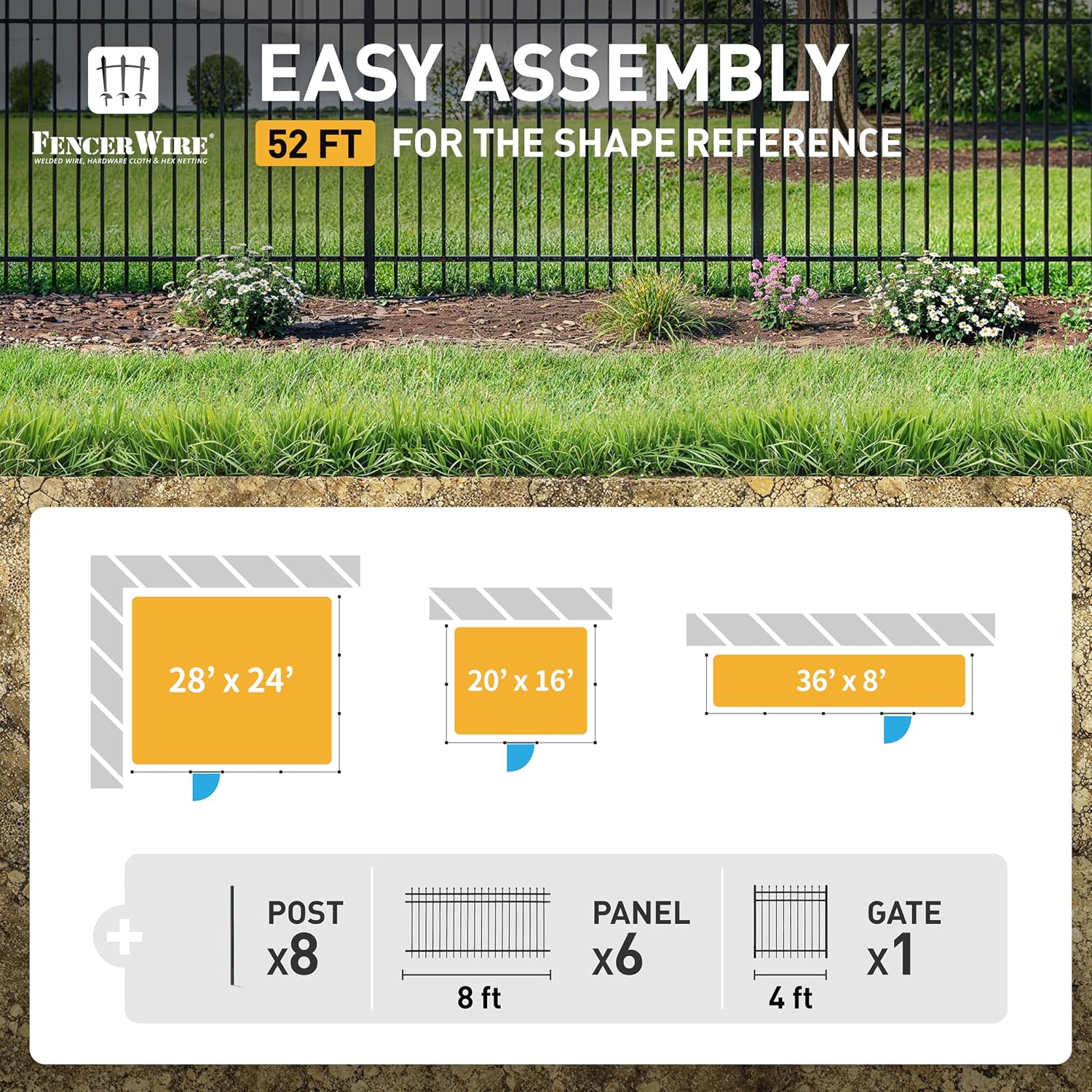Fencer Wire 52FT Heavy Duty Pinnacle Fence Barrier Kit, Anti-Rust Metal Steel Fence with 4FT Height X 8FT Width Panels, Gate, Posts, Connectors, Outdoor Fencing for Yard, Pool, Patio