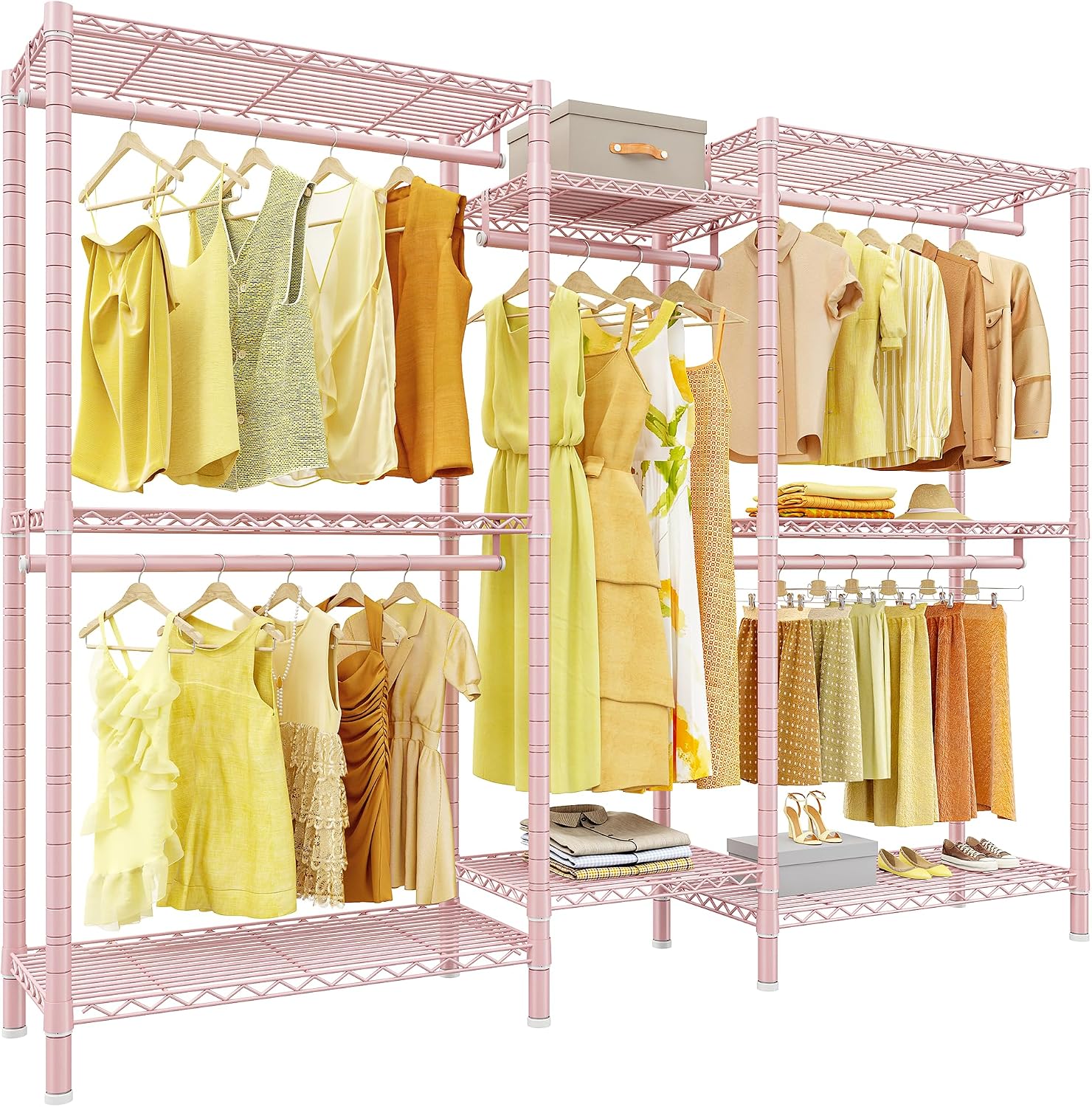 Raybee Clothes Rack,Clothing Racks for Hanging Clothes Heavy Duty,Adjustable Garment Rack with Shelves,Rolling Clothes Rack Max Load 905LBS,75' W x 77' H x 17.8' D Pink
