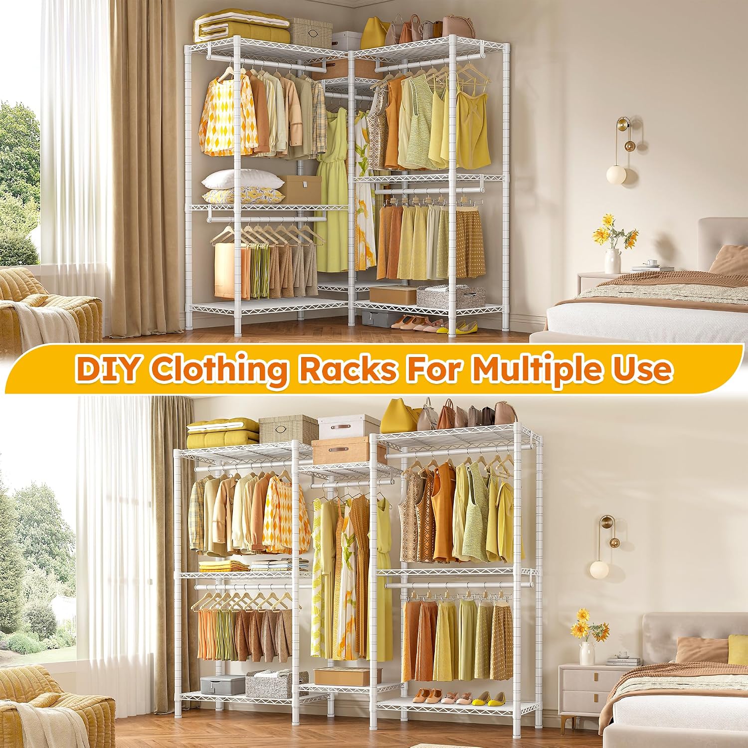 Raybee Clothes Rack,Clothing Racks for Hanging Clothes Heavy Duty,Adjustable Garment Rack with Shelves,rolling clothes rack Max Load 905LBS,75' W x 77' H x 17.8' D,White