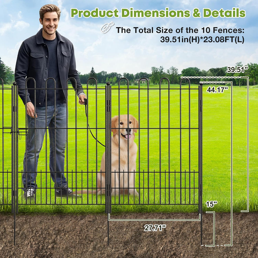 DurayLoly 10 Panels Garden Fence with Latch Gate, 39.51in (H) X 23.08ft(L) Animal Barrier Fence with 1in Gaps for Rabits, Tall Dog Fencing Outdoor for Yard, Flower Beds, Patios, Vegetable Patches