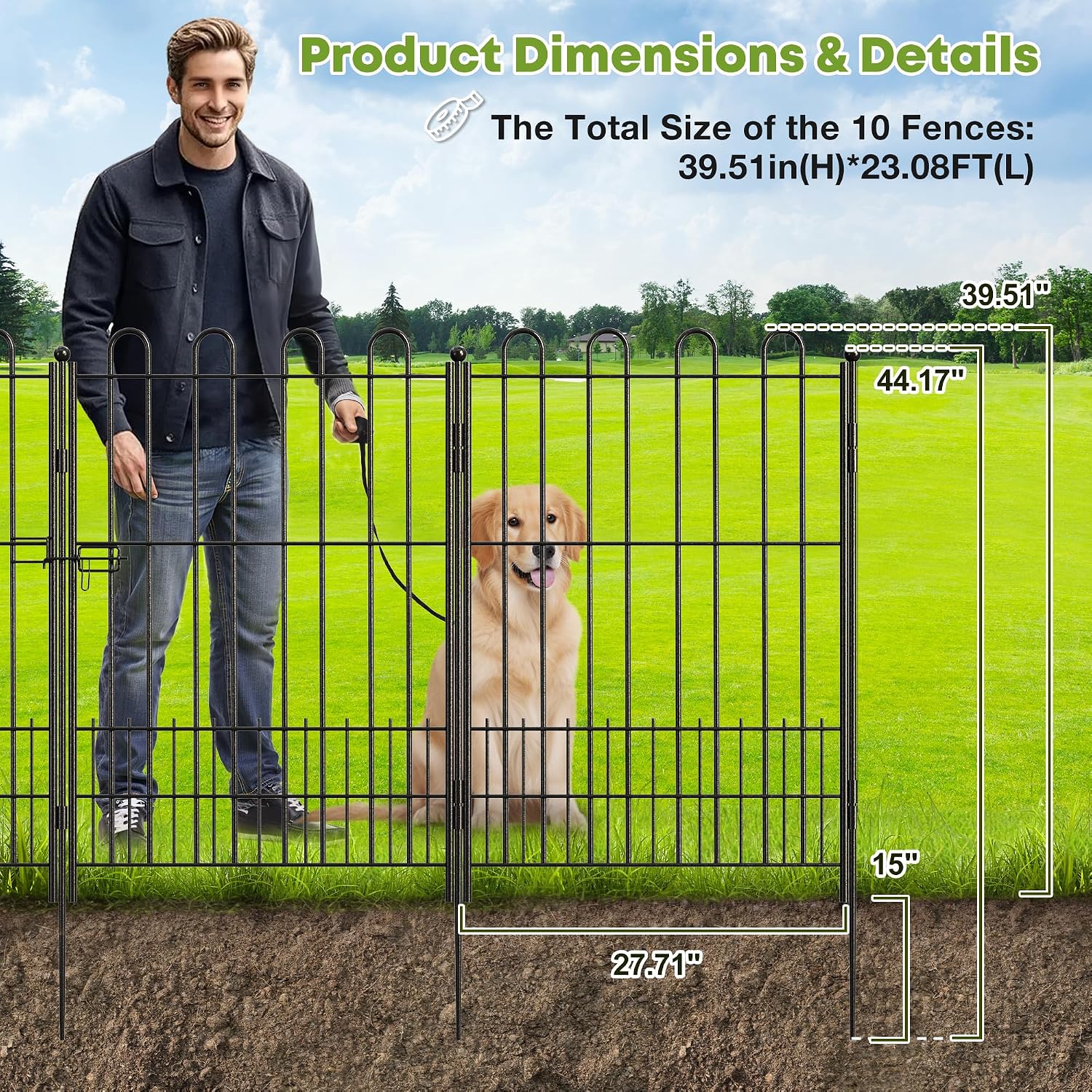 DurayLoly 10 Panels Garden Fence with Latch Gate, 39.51in (H) X 23.08ft(L) Animal Barrier Fence with 1in Gaps for Rabits, Tall Dog Fencing Outdoor for Yard, Flower Beds, Patios, Vegetable Patches