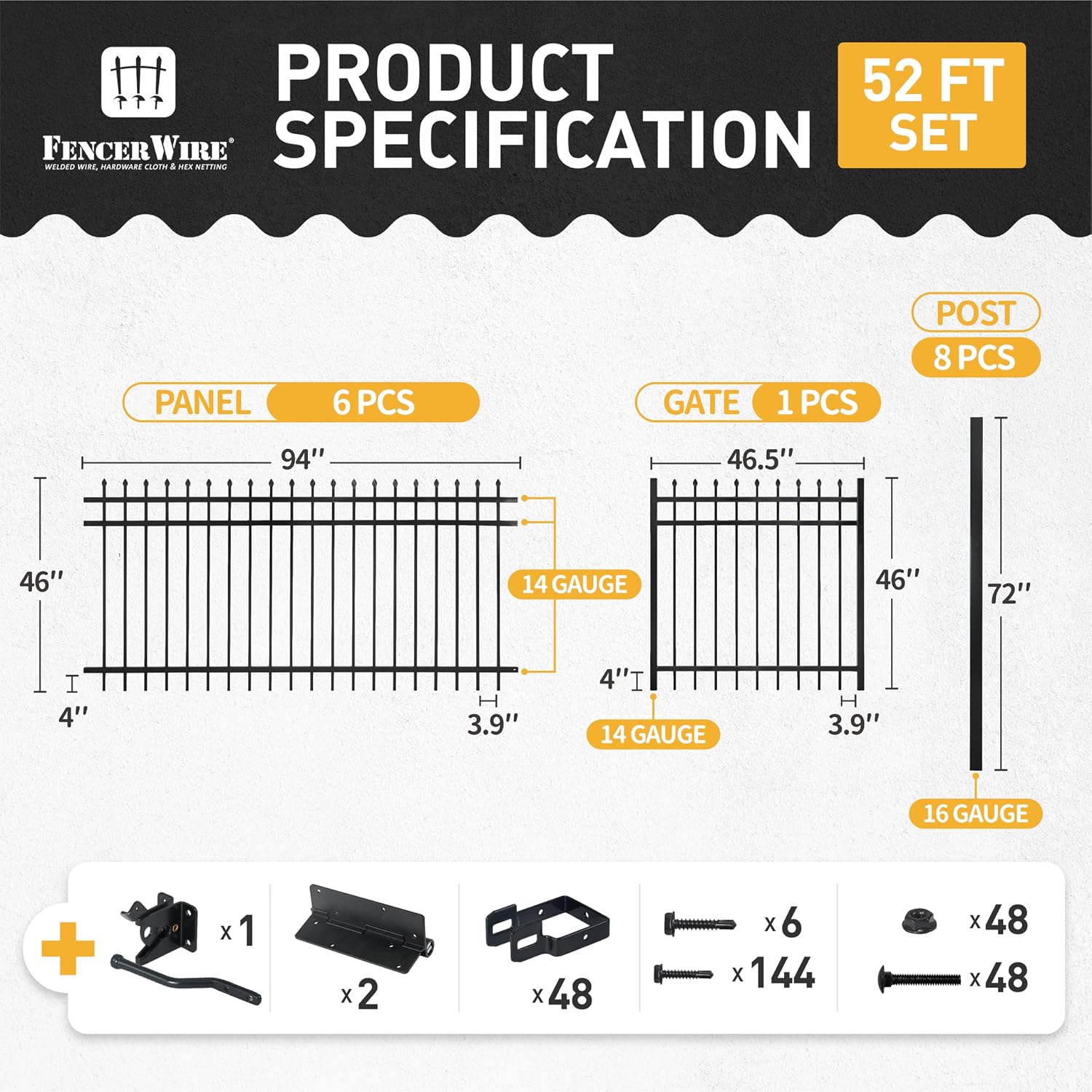 Fencer Wire 52FT Heavy Duty Pinnacle Fence Barrier Kit, Anti-Rust Metal Steel Fence with 4FT Height X 8FT Width Panels, Gate, Posts, Connectors, Outdoor Fencing for Yard, Pool, Patio
