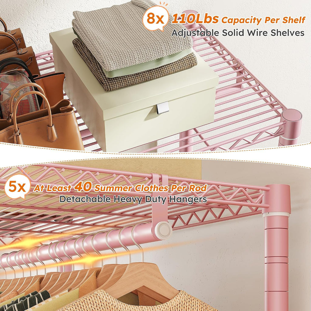 Raybee Clothes Rack,Clothing Racks for Hanging Clothes Heavy Duty,Adjustable Garment Rack with Shelves,Rolling Clothes Rack Max Load 905LBS,75' W x 77' H x 17.8' D Pink