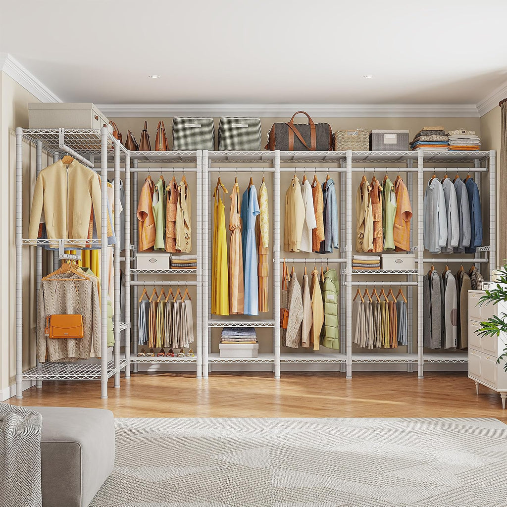 Raybee 76.9' H Clothes Rack Heavy Duty Loads 1100 LBS Metal Clothing Racks for Hanging Clothes Adjustable Garment Rack White,75.8' W*17.7' D*76.9' H