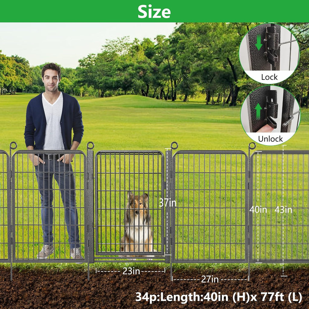 Decorative Garden Fence with Gate, 40 in(H) x 77 ft(L) Rustproof Metal Fence Panels No Dig Fence with Full Panel Gate, Dog Fence Outdoor for Yard, Animal Barrier Garden Fencing for Yard