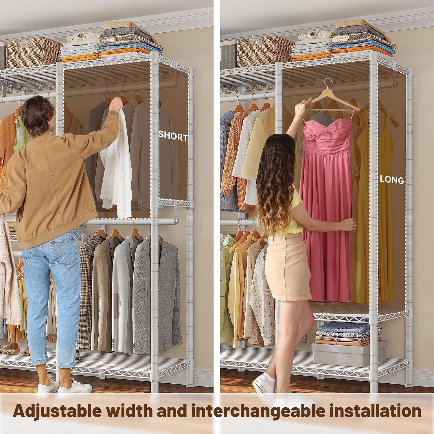 Raybee 76.9' H Clothes Rack Heavy Duty Loads 1100 LBS Metal Clothing Racks for Hanging Clothes Adjustable Garment Rack White,75.8' W*17.7' D*76.9' H