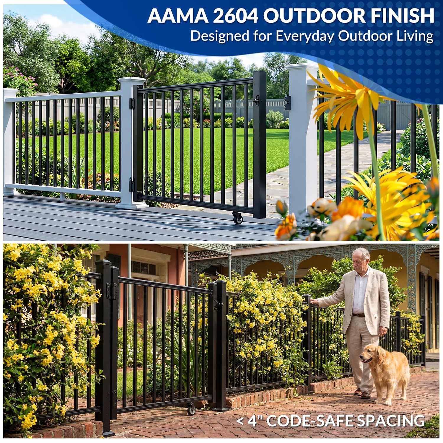 Egadis 35in. H x 5ft. W Aluminum Deck Gate Kit with Caster, Hinges & Lock — Cuttable AAMA2604 Black Textured Powder-Coated Outdoor Fence Gate for Decks, Patios, Backyards, Porches