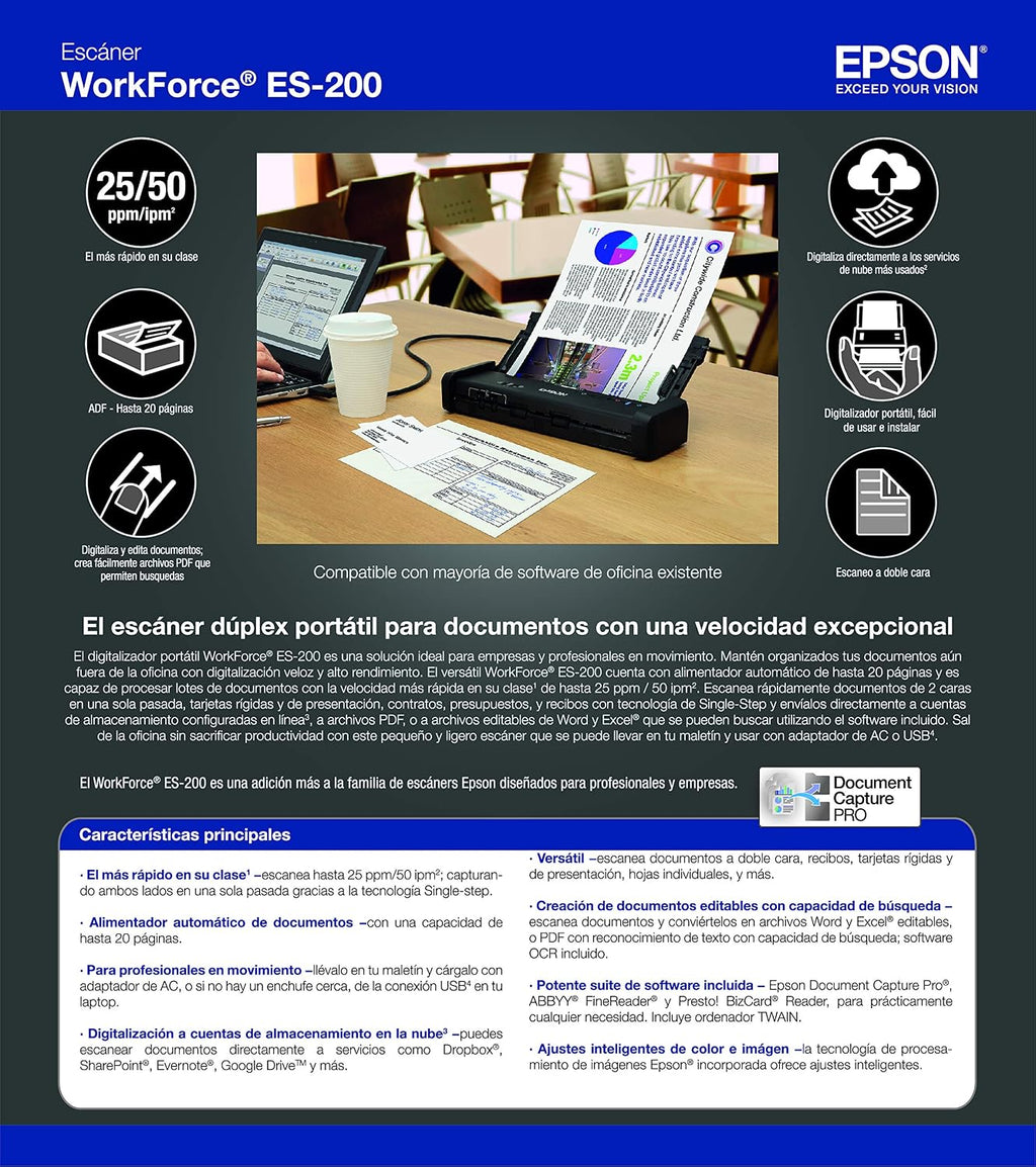 Epson Workforce ES-200 Color Portable Document Scanner with ADF for PC and Mac Sheet-fed, Duplex Scanning,Black