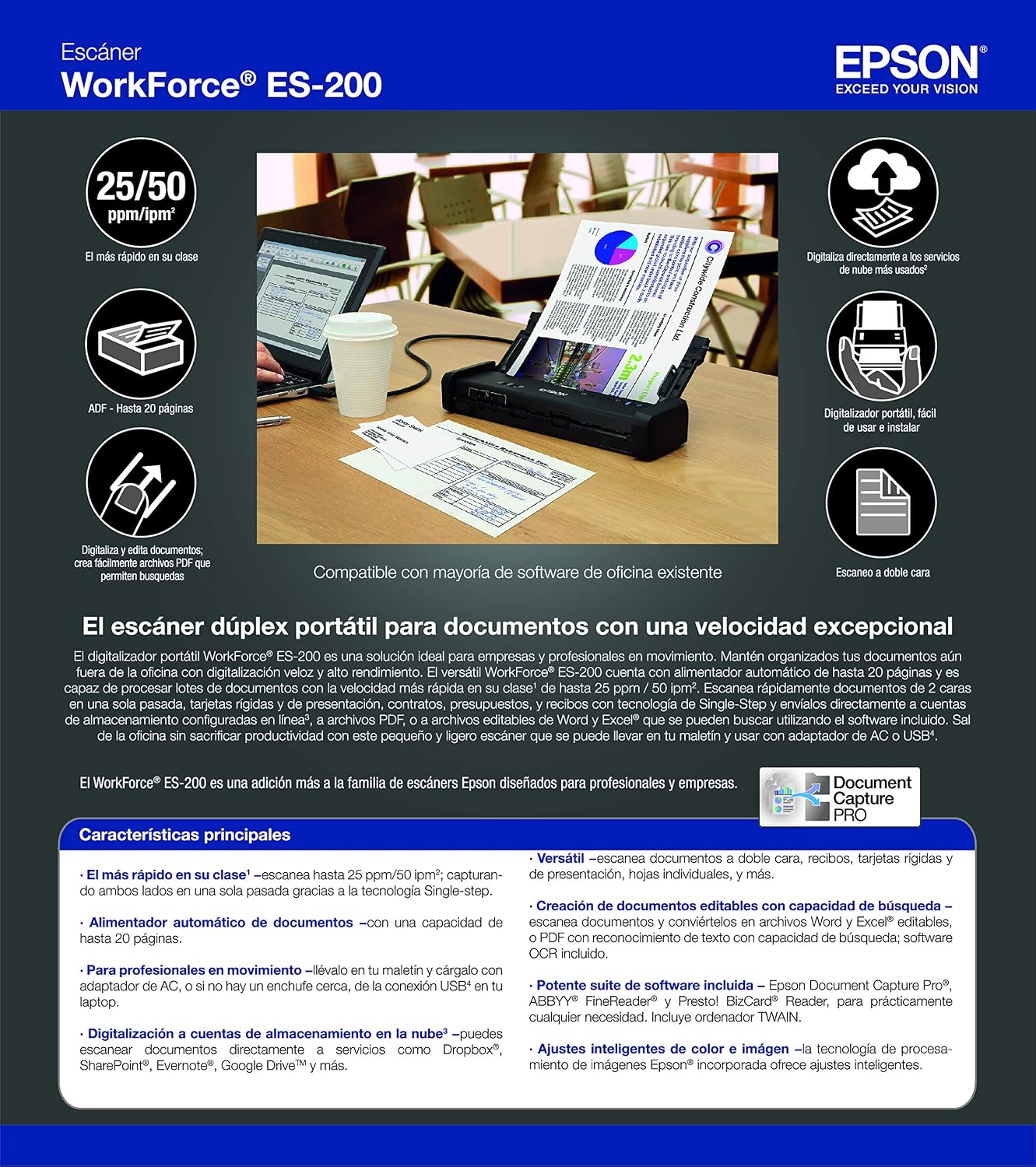 Epson Workforce ES-200 Color Portable Document Scanner with ADF for PC and Mac Sheet-fed, Duplex Scanning,Black