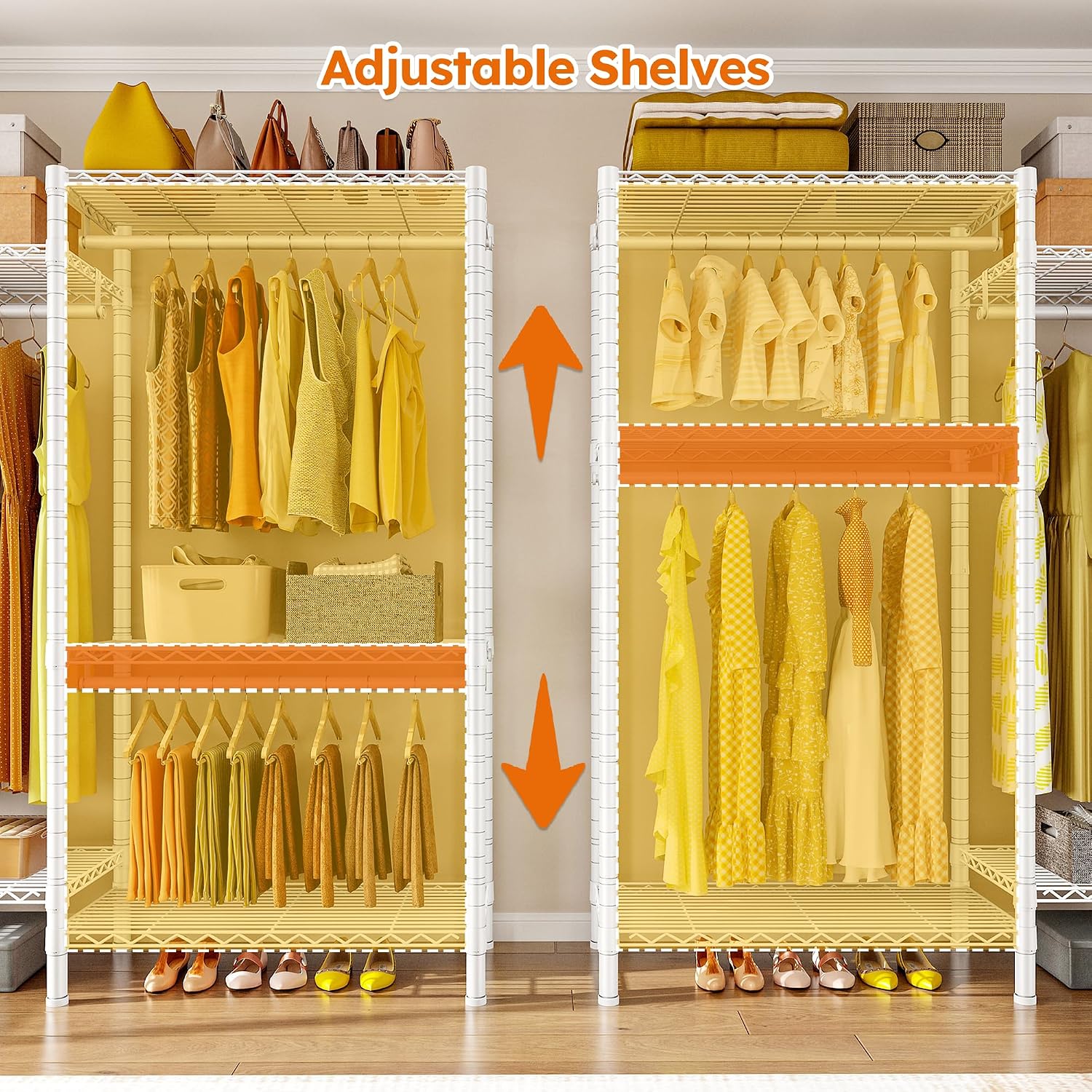 Raybee Clothes Rack,Clothing Racks for Hanging Clothes Heavy Duty,Adjustable Garment Rack with Shelves,rolling clothes rack Max Load 905LBS,75' W x 77' H x 17.8' D,White