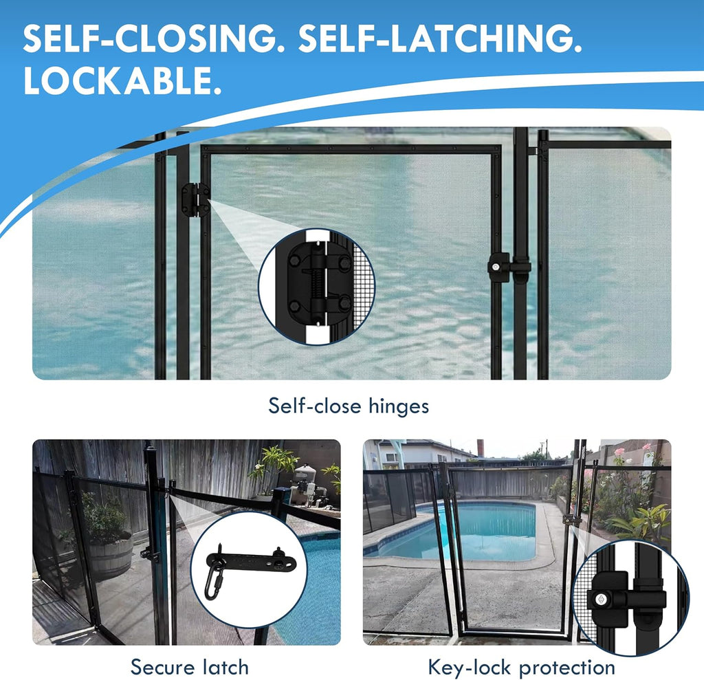 All Safe Pool Fence Door Gate Kit - 4-Foot Black Self-Closing Pool Gate for Decks, Lockable & Easy DIY Installation - Safety Swimming Pool Gate for Kids & Inground Pool Fencing, Durable U-Safe Frame