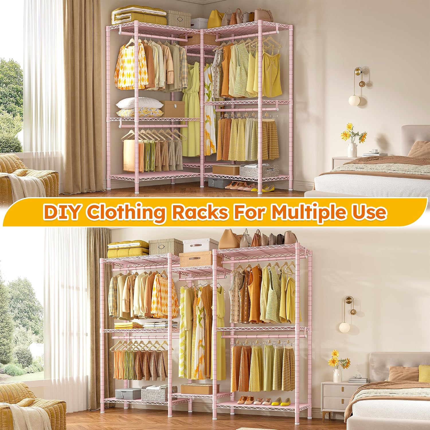 Raybee Clothes Rack,Clothing Racks for Hanging Clothes Heavy Duty,Adjustable Garment Rack with Shelves,Rolling Clothes Rack Max Load 905LBS,75' W x 77' H x 17.8' D Pink