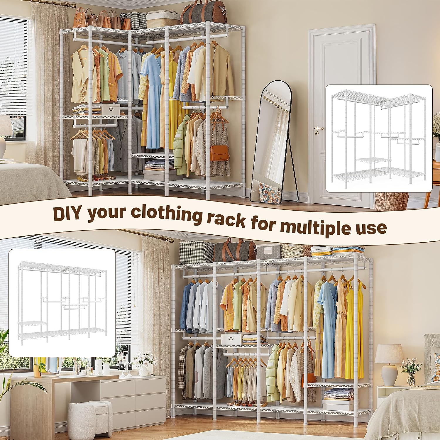 Raybee 76.9' H Clothes Rack Heavy Duty Loads 1100 LBS Metal Clothing Racks for Hanging Clothes Adjustable Garment Rack White,75.8' W*17.7' D*76.9' H