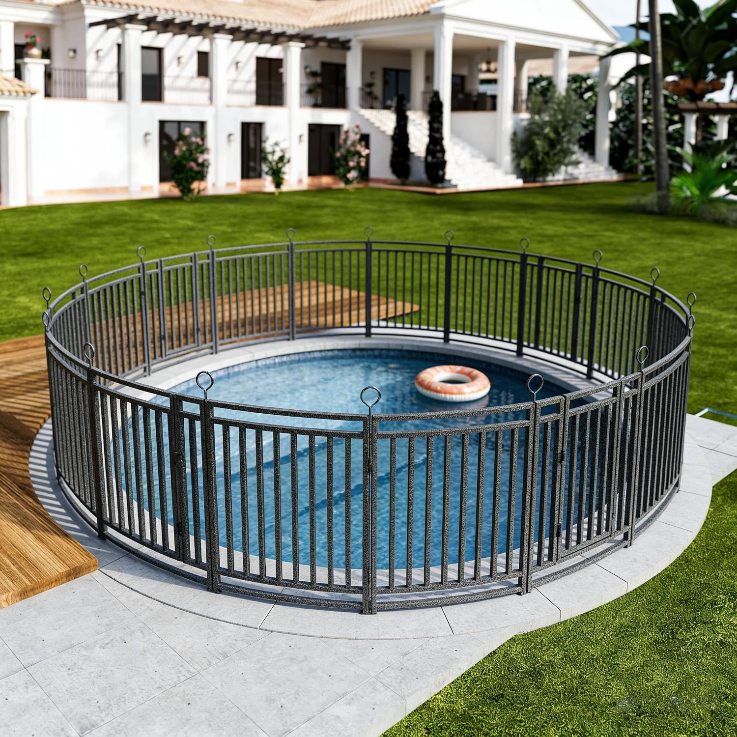 36ft x 32in Removable Pool Fence - 14 Panel & 2 Gate In-Ground Safety Barrier with Reinforced Stakes for Pets - Black-Silver Metal Fencing for Patio & Garden