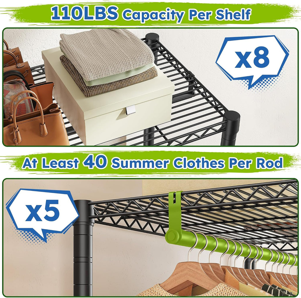 Raybee Clothes Rack Heavy Duty，Clothing Racks for Hanging Clothes with 5 Adjustable Hanging Rods, Metal Garment Rack for Bedroom, Laundry Room, Apartment,Gloss Black