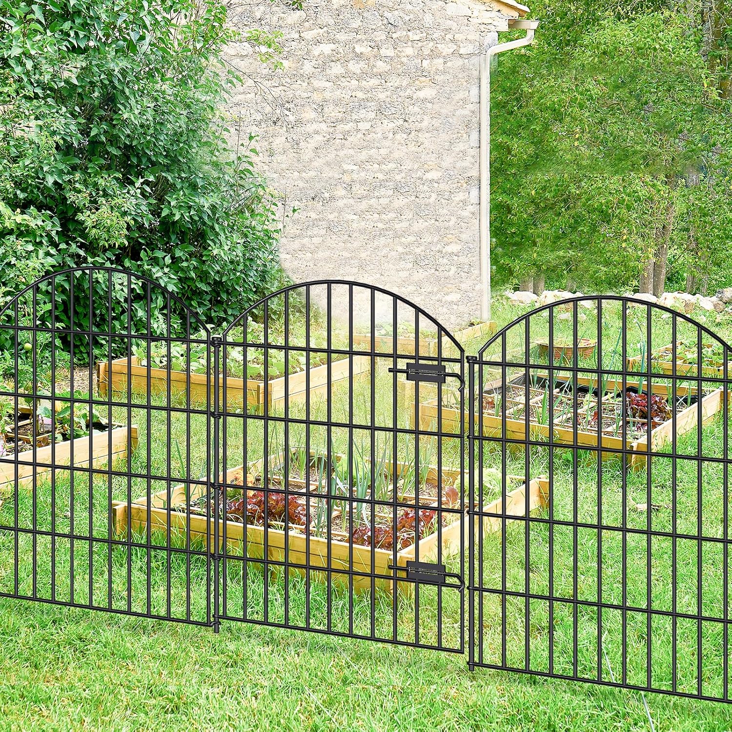FOREHOGAR Metal Garden Fence with Gate 36in (H) x 23.3ft (L), 1 Gate+ 9 Panels Dog Fence Border Fence Animal Barrier, No Dig Garden Fencing for Yard Flower Bed Lawn Patio Outdoor, ECG3610, Black
