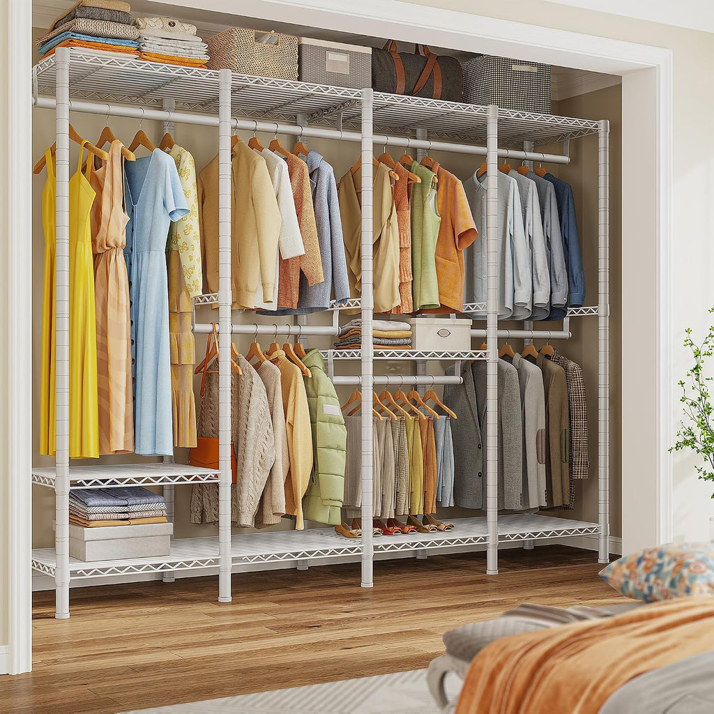 Raybee 76.9' H Clothes Rack Heavy Duty Loads 1100 LBS Metal Clothing Racks for Hanging Clothes Adjustable Garment Rack White,75.8' W*17.7' D*76.9' H