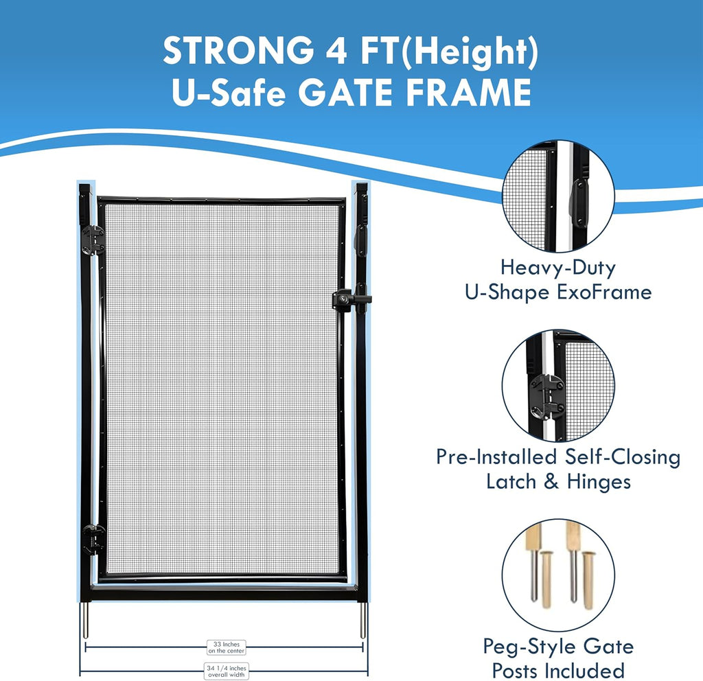 All Safe Pool Fence Door Gate Kit - 4-Foot Black Self-Closing Pool Gate for Decks, Lockable & Easy DIY Installation - Safety Swimming Pool Gate for Kids & Inground Pool Fencing, Durable U-Safe Frame