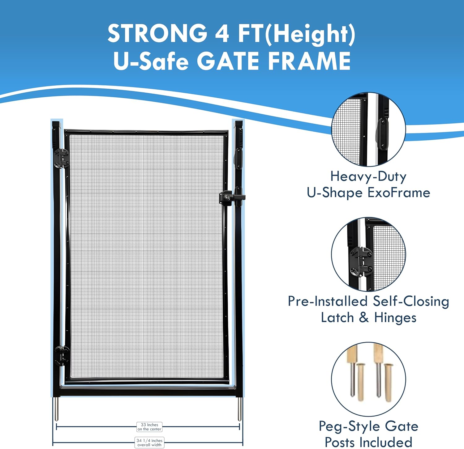 All Safe Pool Fence Door Gate Kit - 4-Foot Black Self-Closing Pool Gate for Decks, Lockable & Easy DIY Installation - Safety Swimming Pool Gate for Kids & Inground Pool Fencing, Durable U-Safe Frame