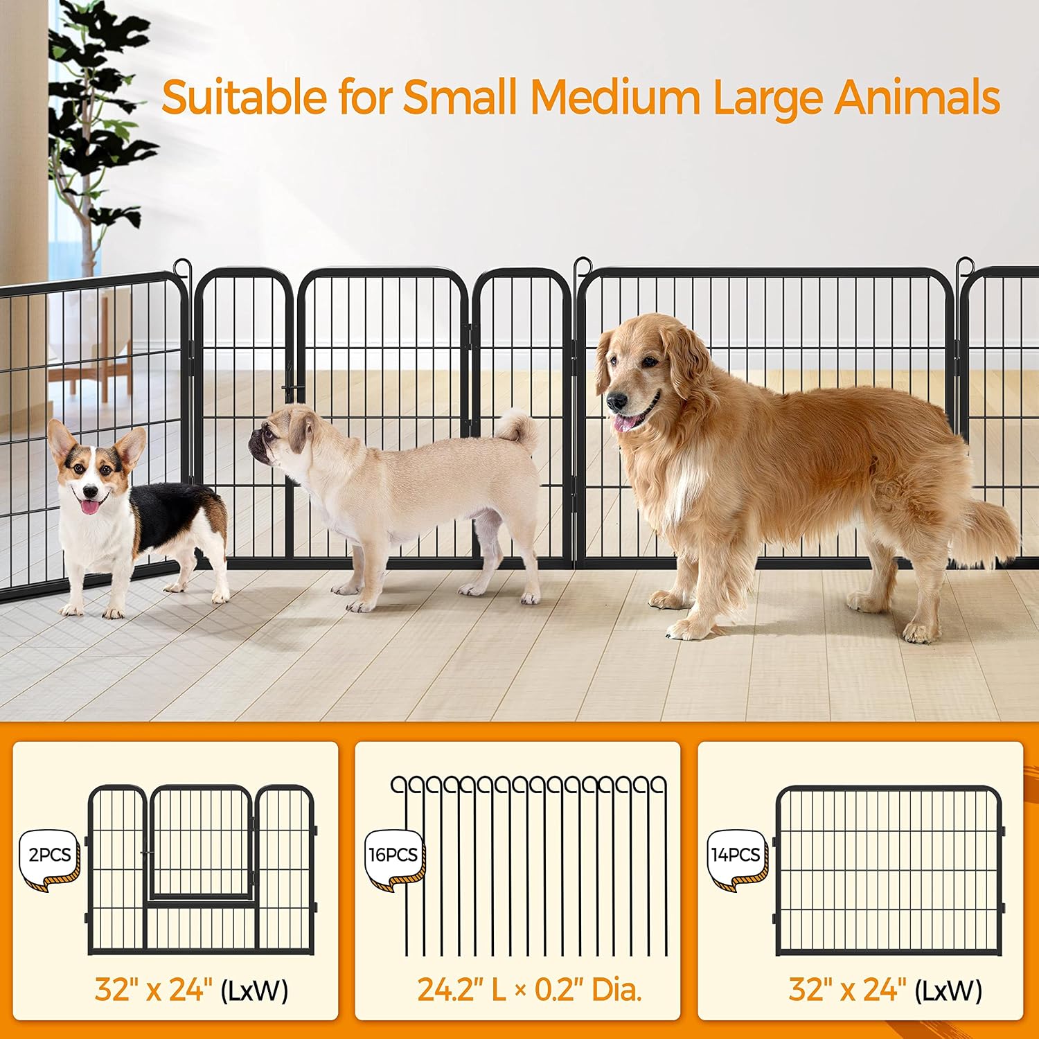 Yaheetech Wide Panel Dog Playpen, 16 Panels 24 inch High Pet Pen with Gate, Portable Indoor Outdoor Fence for Small/Medium Breed Dogs