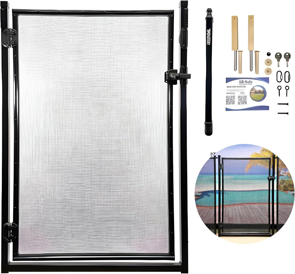 All Safe Pool Fence Door Gate Kit - 4-Foot Black Self-Closing Pool Gate for Decks, Lockable & Easy DIY Installation - Safety Swimming Pool Gate for Kids & Inground Pool Fencing, Durable U-Safe Frame